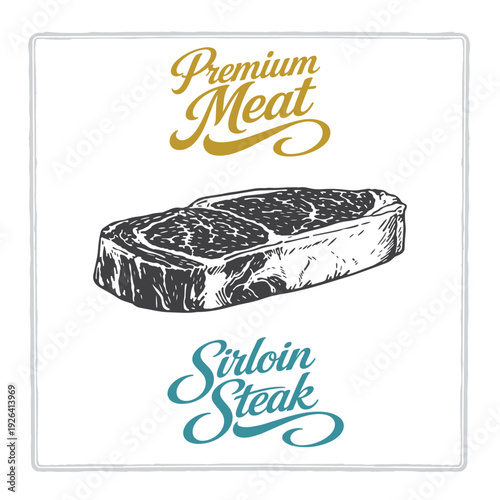 Sirloin steak illustration with premium meat lettering in vintage engraving style. Hand drawn beef cuts for butcher shops, steakhouse menus, labels, packaging and food branding. Part of set.