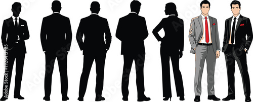 Diverse business team men and women in suits blazers ties confident standing back view poses black silhouette vector illustration corporate fashion
