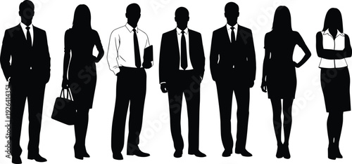Diverse business team silhouettes standing in row professional men women formal suits holding briefcase confident poses corporate group black shadows
