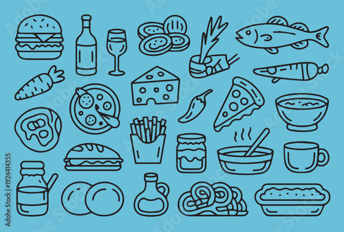 Food and Beverage Line Art Icon Set, Gastronomy Doodles for Restaurant Menu and Kitchen Branding