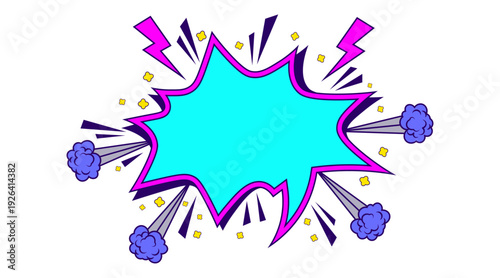 Blue comic speech bubble with purple border and smoke clouds