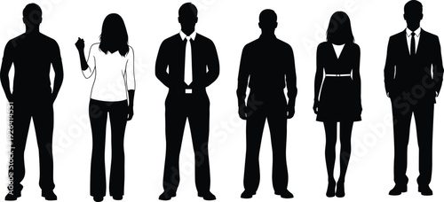 Diverse business team silhouettes, men in suits ties, women in blouse pants dress, formal corporate standing poses, black vector illustration, professional group