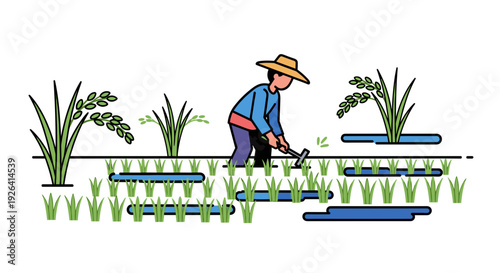Farmer Tending to Crops in Field.