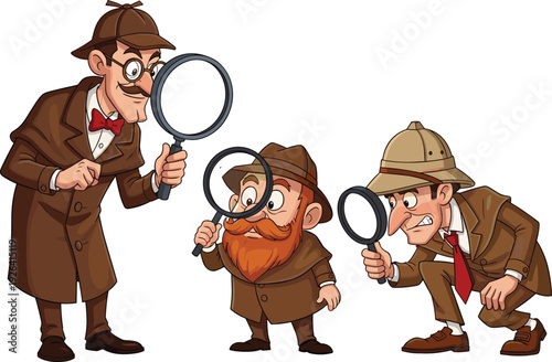 Set of three cartoon detective characters with magnifying glasses, funny private investigators in trench coats and hats, mystery solving icons (20 words)