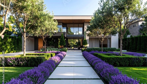 A beautiful front view of a modern house architecture featuring a green grass garden and tall trees under a clear summer sky in a peaceful city landscape