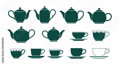 Vintage Teapot and Teacup Icon Set, Elegant Flat Vector Illustration for Tea Time Branding on white Background