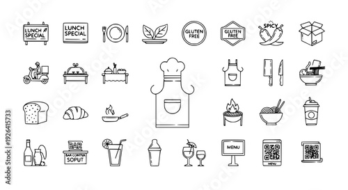 Restaurant Menu Line Icon Set with Food Drink and Dining Symbols Isolated on White