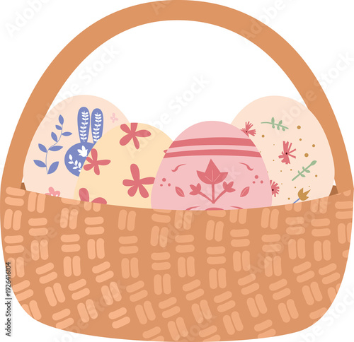 Cute Easter Basket with Colorful Eggs, Hand Drawn Easter Holiday PNG Clipart