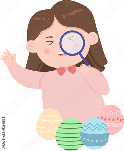 Cute Girl with Magnifying Glass Surrounded by Easter Eggs, Easter Egg Hunt PNG Illustration