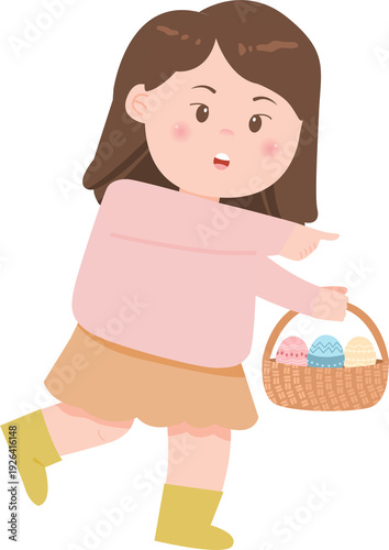 Cute Girl Carrying Easter Basket and Pointing Sideways, Happy Child Easter Clipart