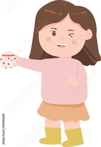 Cute Girl Holding Easter Egg and Winking, Happy Child Easter Celebration 