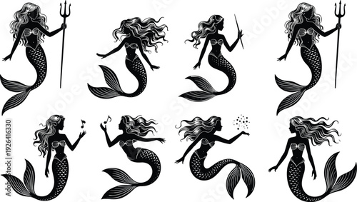 Mermaid silhouette collection, fantasy sea siren characters with flowing hair and trident for ocean myth illustrationMermaid silhouette collection