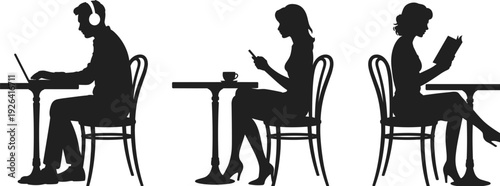 Modern lifestyle silhouettes of people working on laptop, using smartphone, and reading book in cafe setting