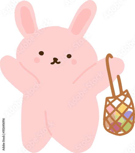 Cute Pink Bunny Carrying Easter Egg Basket Cartoon
