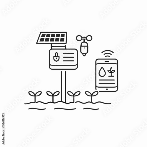 Smart farming and irrigation technology are visualized in this illustrative black and white image. Capturing modern methods.