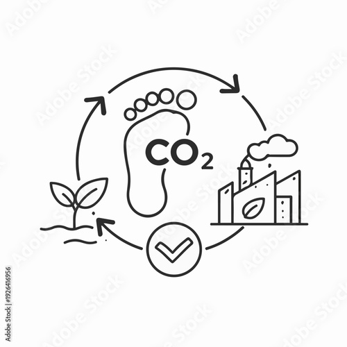 A symbolic visual representation of the concept of the carbon footprint, featuring key elements: a footprint, CO2 emission symbol, factory, plant, and a checkmark.