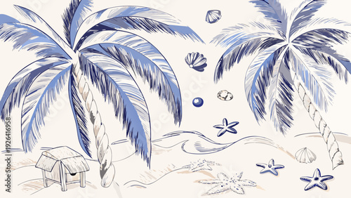 Blue tropical illustration featuring palm trees seashells and a beach hut
