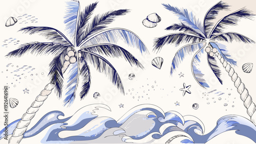 Stylized illustration of tropical beach scene with palm trees and waves