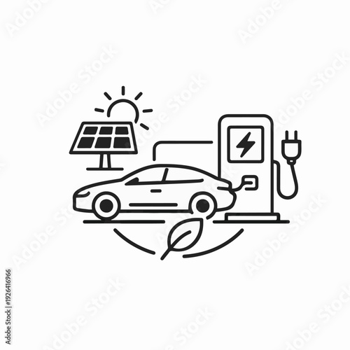 Eco-friendly electric vehicle charges at a charging station powered by renewable solar energy. A sleek car, a symbol of sustainability, plugged in for a greener future.