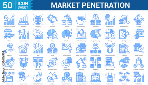 Market Penetration blue style Icon Set Collection Concept With Icon Of competitive advantage, population, expansion, promotion, product, and more. Illustration Eps 10