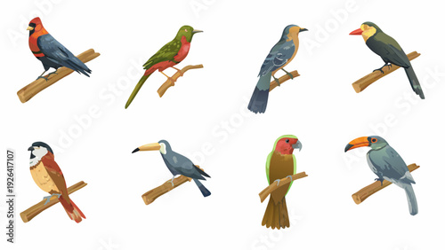 Colorful tropical birds perched on branches in a flat vector style