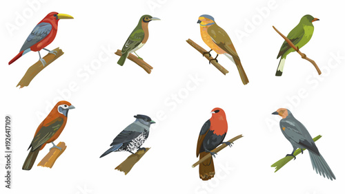 Colorful illustration depicting a variety of perched tropical birds