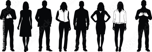 Diverse corporate business people silhouettes with hand gestures, men and women in suits blazers dresses, confident poses, black vector fashion illustration lineup