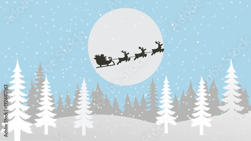 Santa claus and reindeer silhouetted against a full moon in winter