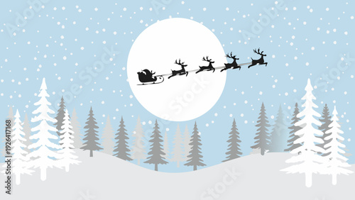 Santa s sleigh flies across a bright moonlit winter landscape