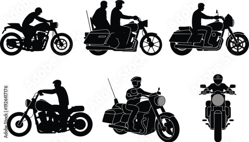 Motorcycle rider silhouette set, cruiser and touring motorbike icons in different riding poses isolated