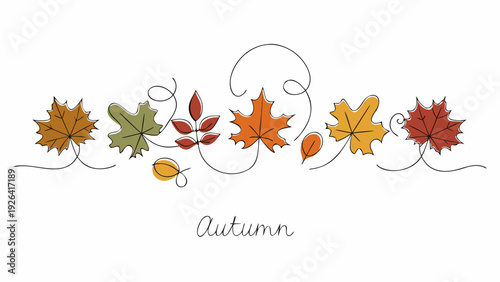 A delicate line drawing showcases colorful autumn leaves and swirling vines