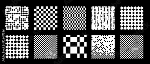 Abstract black and white distorted checkered pattern vector set, optical illusion, psychedelic square background