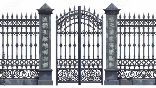 Ornate wrought iron gate with decorative details and stone pillars