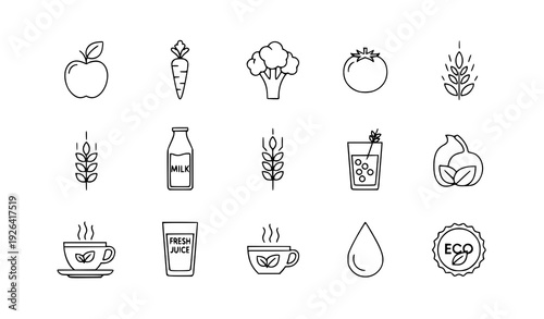 Farm Fresh Organic Food and Beverage Line Icon Vector Collection