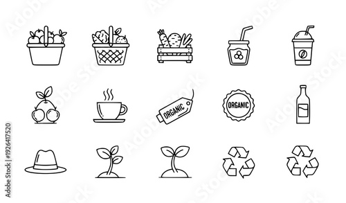 Eco Organic Food and Healthy Drink Thin Outline Vector Icons