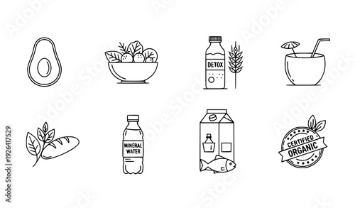 Organic Food and Drink Thin Line Icons Editable Stroke Vector Set