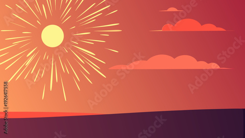 A vibrant illustration depicts a radiant sun setting over a landscape