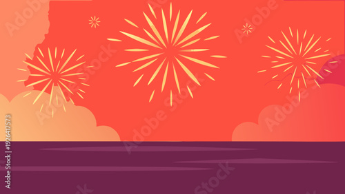 Stylized illustration of fireworks exploding over a dark horizon