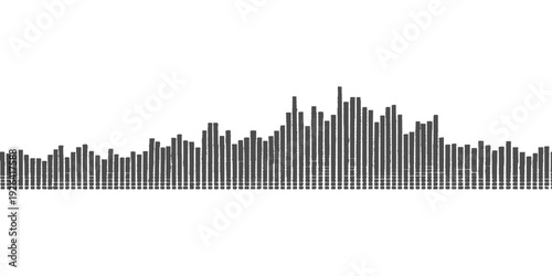 Abstract vector illustration featuring a digital equalizer background set against a dark night cityscape silhouette with urban skyscrapers and modern office building architecture