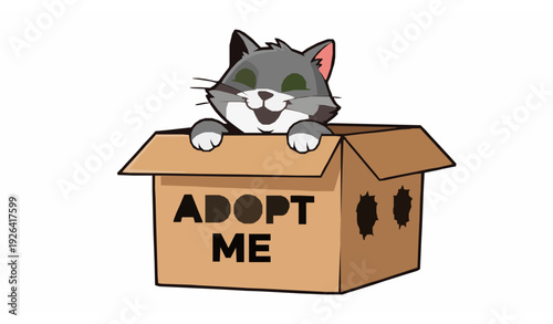 Funny Cartoon Cat Peeking from Cardboard Box with Adopt Me Text Isolated Vector