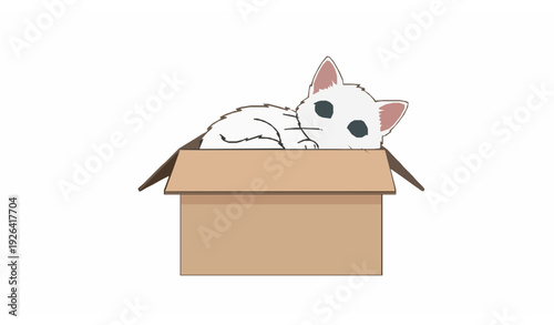 Sad Cartoon Kitten in Cardboard Box with Adopt Me Sign Minimal Vector Illustration