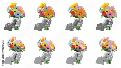 Colorful bouquets of flowers held in hands repeated in a grid pattern