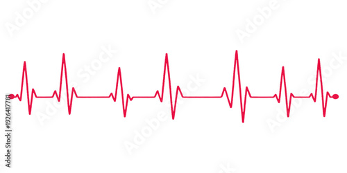A red heart beat cardiogram on an ECG monitor displays a healthy medical pulse rate through a stylized heartbeat frequency line graph for cardiology and healthcare technology