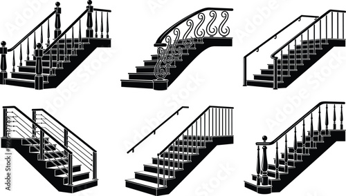 Black Staircase Silhouette Set Including Modern Interior Stairs Classic Ornate Railing Minimalist Steps Home Architecture Design and Construction Renovation Icon Collection