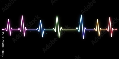 A digital medical monitor displays a bright green heartbeat wave on an electrocardiogram ekg line graph representing a healthy pulse rate frequency and healthcare technology in a hospital setting