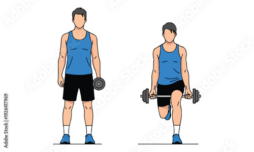 Man performing single-leg deadlift with barbell and holding dumbbell