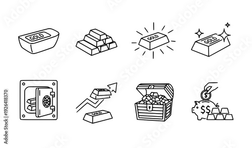 Gold bar finance wealth outline icon vector set