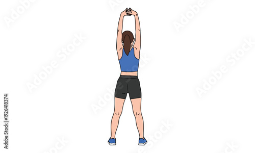 Woman Standing Back View Stretching Arms Up Workout