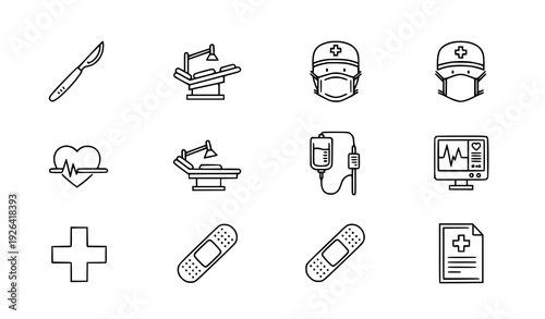 Medical surgery operation line icon vector set