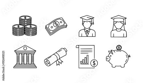 Education cost student scholarship tuition outline icons vector set